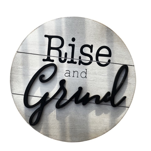 Coffee Bar Decor Round White Coffee Bar Sign w/ ‘Rise and Grind’ in Black - Picture 3 of 9